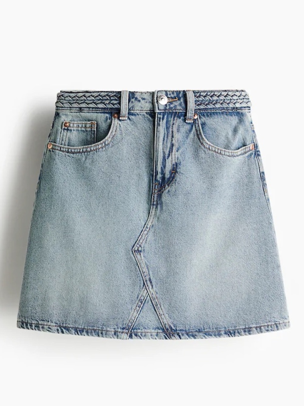 H&M Washed Blue Denim Mini Skirt with Braided Waist